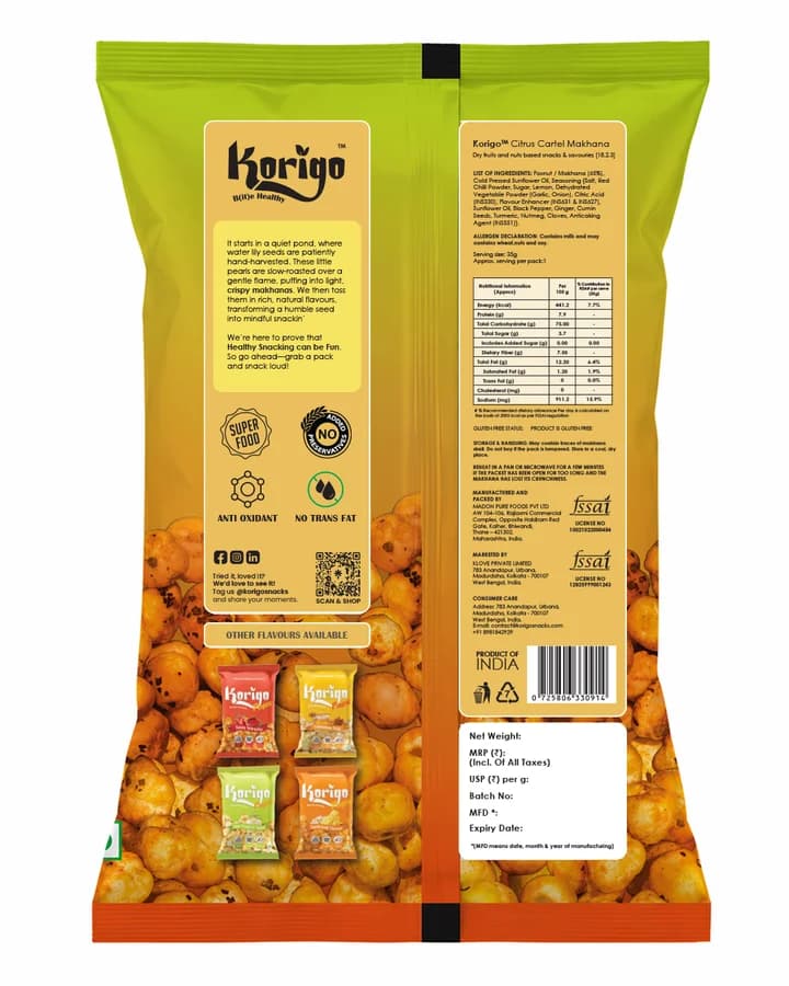 Korigo Pops Citrus Cartel Tangy Makhana Foxnuts | Spicy Citrus | 35g thumbnail 3