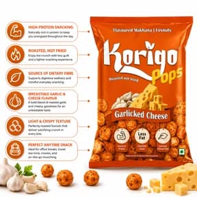Korigo Pops Garlicked Cheese Makhana Foxnuts | Savoury Snack | 35g thumbnail 4
