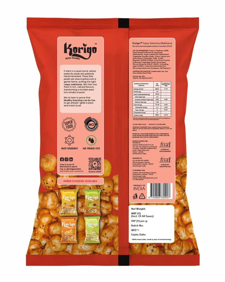 Korigo Pops Sassy Sriracha Flavoured Makhana Foxnuts | Spicy |35g thumbnail 3